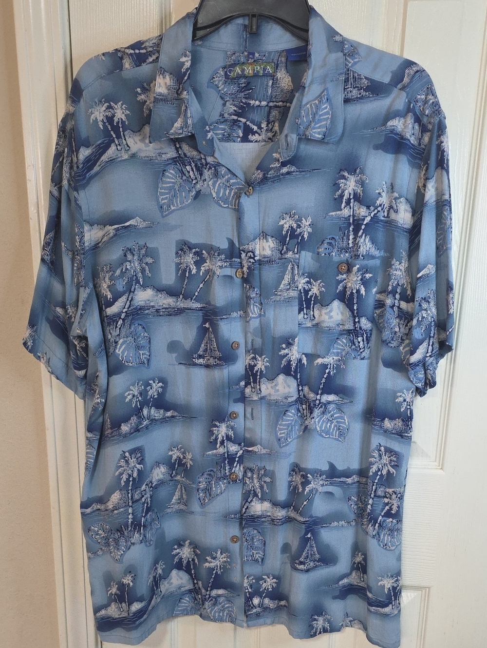 Blue Tropical Print Men's Short-Sleeve Shirt PTP 24 Length 30.5